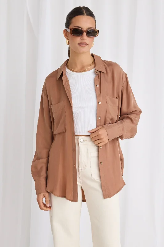 Women's Blouse with Boat CollarTidal Mocha Luxury Blend Oversized Shirt