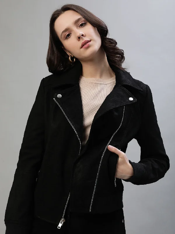 Women's Blouse with Collarless DesignIconic Women Black Solid Collar Leather Jacket