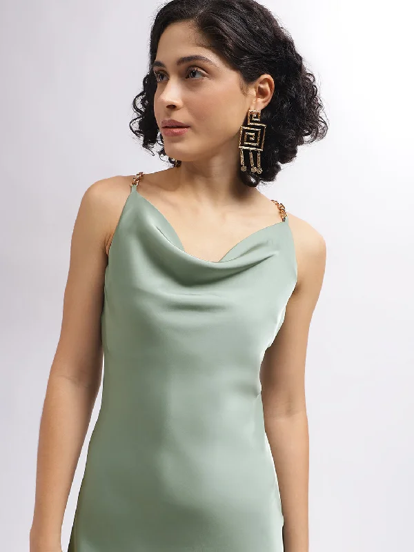 Women's Blouse with U-Shaped CollarCentre Stage Women Green Solid Cowl Neck Shoulder Straps Dress