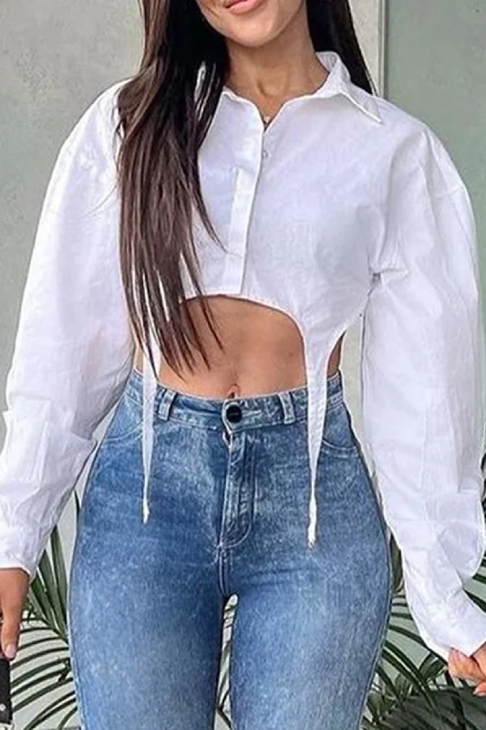 Women's Blouse with U-Shaped CollarWhite Irregular Cropped Shirt