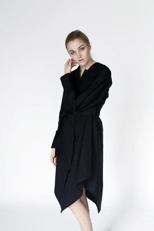 Women's Blouse with Gathered SleevesOrigami Cotton Shirt Dress / Black