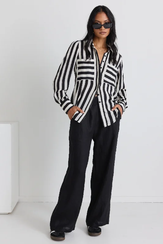 Women's Blouse with Mandarin CollarSolidify Black White Stripe Puff Sleeve LS Shirt