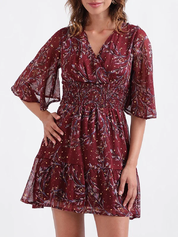 Women's Blouse with Rounded CollarElle Women Printed Full Sleeves V Neck Dress