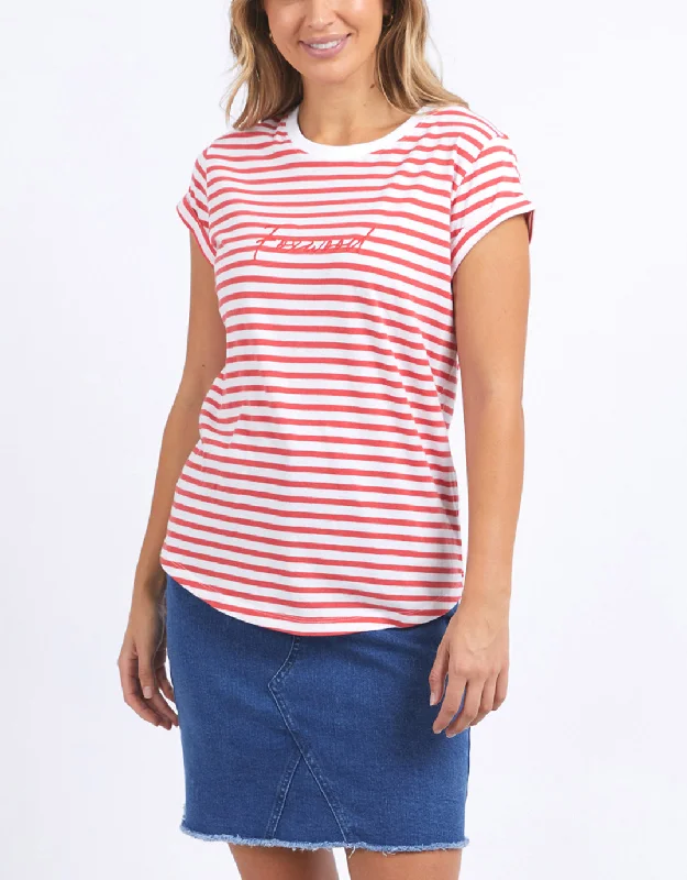 Women's Blouse with Collarless DesignSignature Stripe Tee - Cayenne & White Stripe