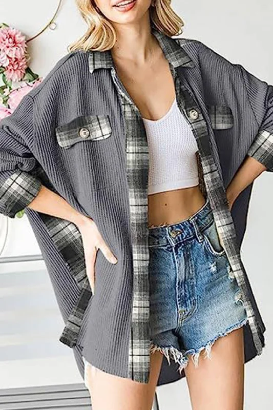 Women's Blouse with Keyhole CollarPlaid Patchwork Irregular Hem Blouses