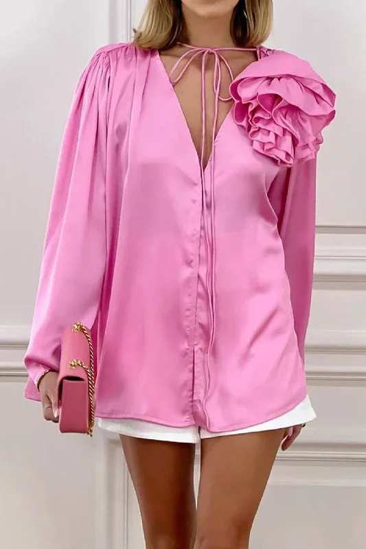 Women's Blouse with ButtonsPink V Neck Ruched Floral Lace-Up Blouse