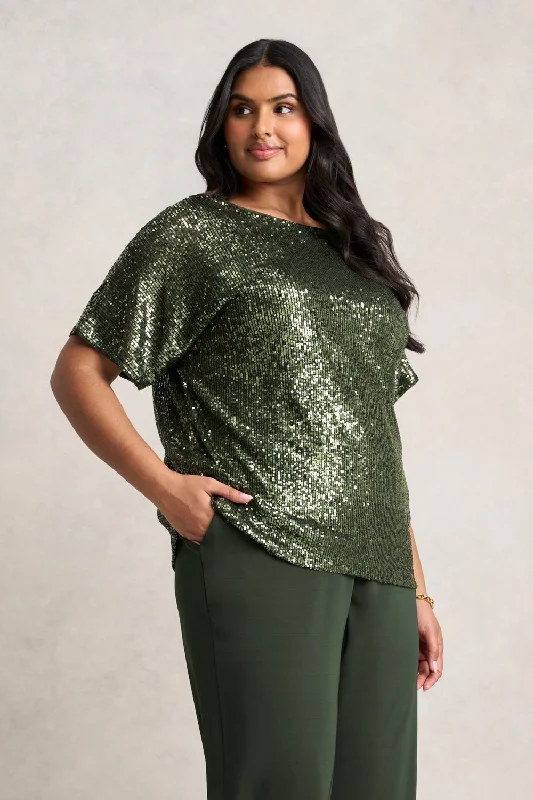 Women's Blouse with V-Shaped CollarSequin T-Shirt - Khaki