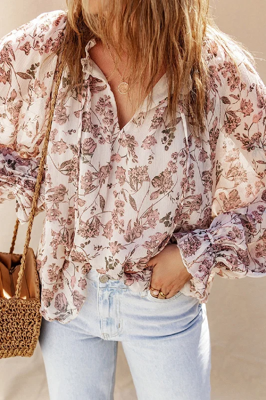 Women's Blouse with Mandarin CollarFloral Print V-neck Strap Long Sleeve Blouse