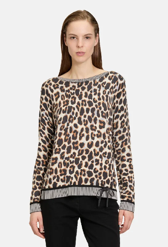 Women's Blouse with Rounded CollarLeopard Print Knit Sweater with Drawstring