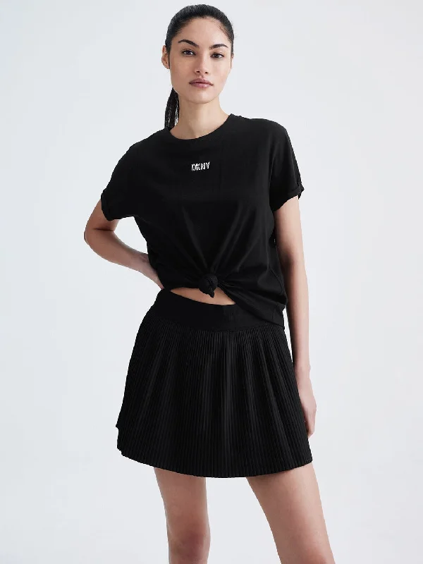 Women's Blouse with Boat CollarDkny Women Black Solid Round Neck Short Sleeves Top