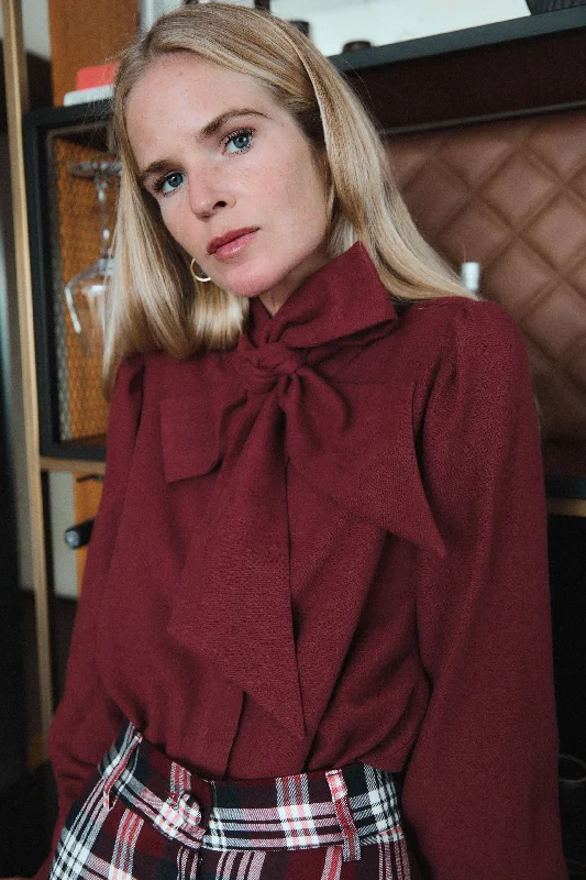 Women's Blouse with Shirt CollarBurgundy Bow Blouse