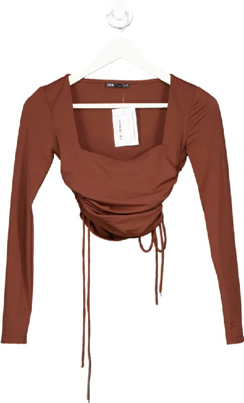 Women's Three-Quarter Sleeve SweatersZara Brown Long Sleeve Ruched Top UK S