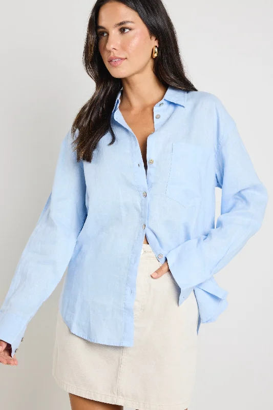 Women's Blouse with BeltOptimum Light Blue Linen Oversized Shirt