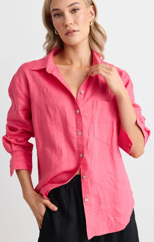 Women's Blouse with Boat CollarOptimum Fuchsia Linen Oversized Shirt