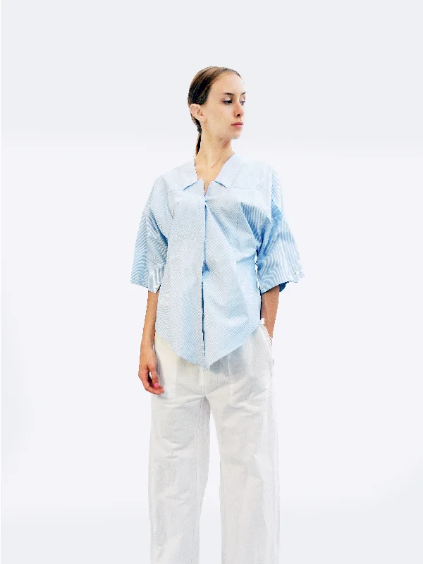 Women's Blouse with Mandarin CollarSix-quarter Sleeve Striped Shirt with Origami Classic Collar/ Light blue