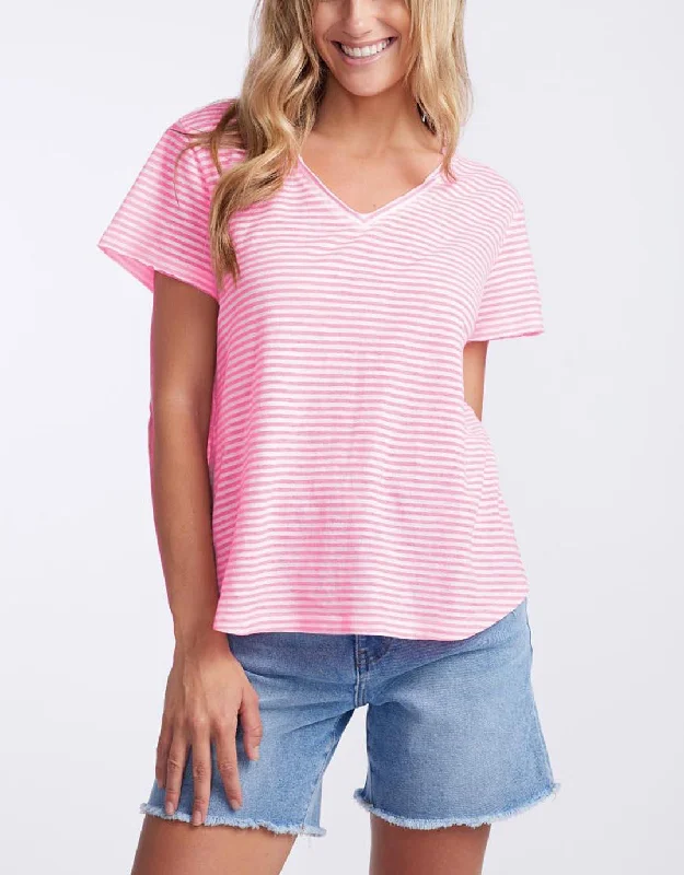 Women's Blouse with Sweetheart CollarSorbet Stripe Vee Neck Tee - Gelati Pink