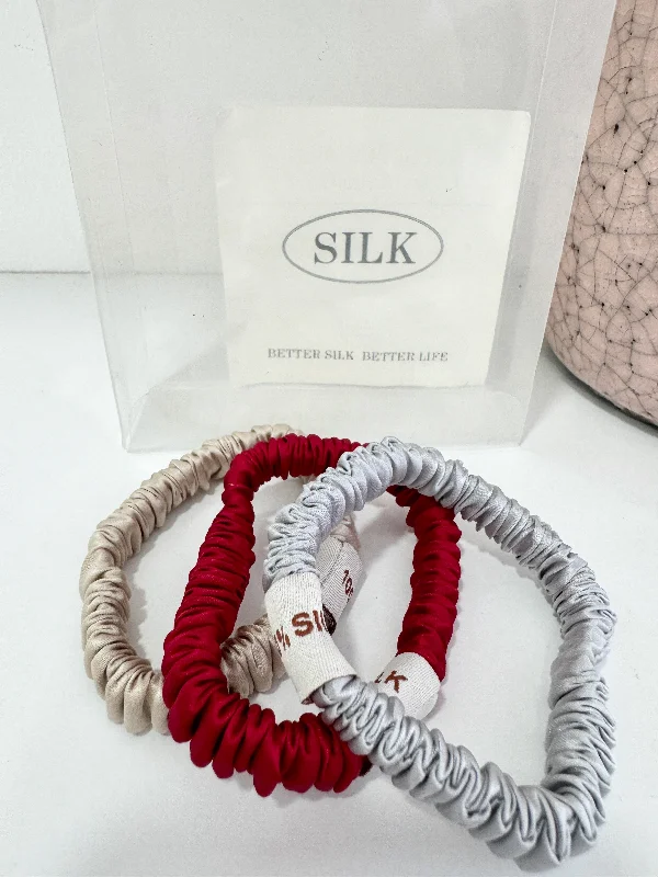 Women's Knitted SweatersSILK. Set Of 3 100% Mulberry Silk Festive Scrunchies -red/silver/champagne