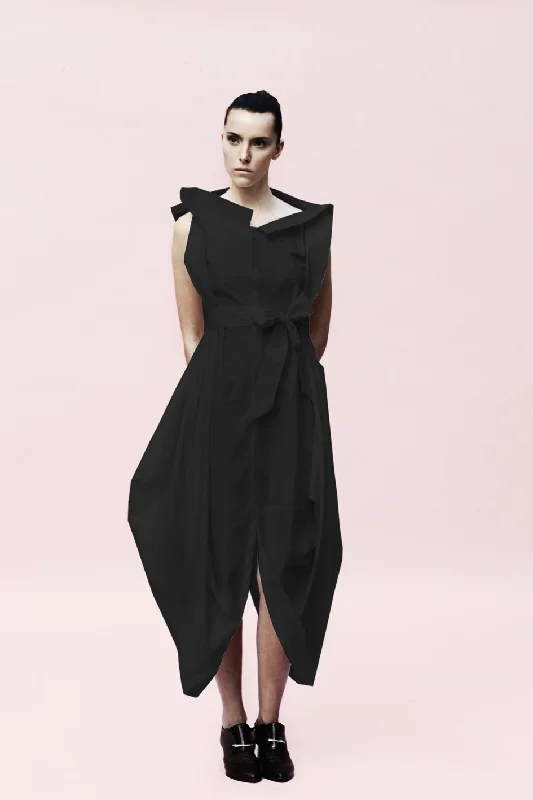 Women's Blouse with Long LengthOrigami Buri Cotton Shirt Dress / Black