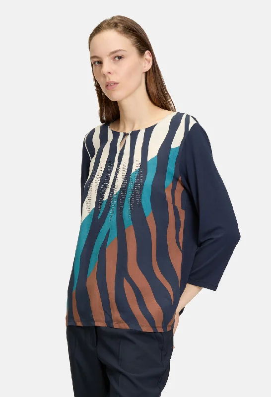 Women's Blouse with Wide CollarPatterned Top with Diamante Detail