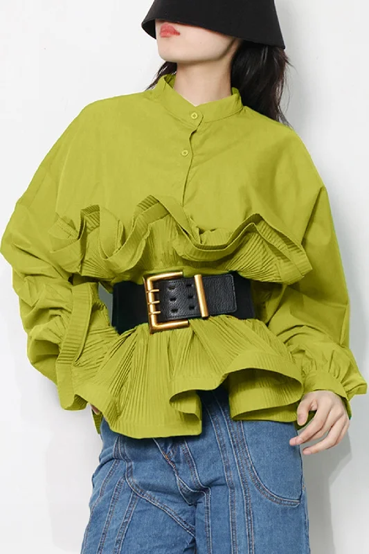 Women's Blouse with Shawl CollarRuched Ruffle Belt Long Sleeve Blouse