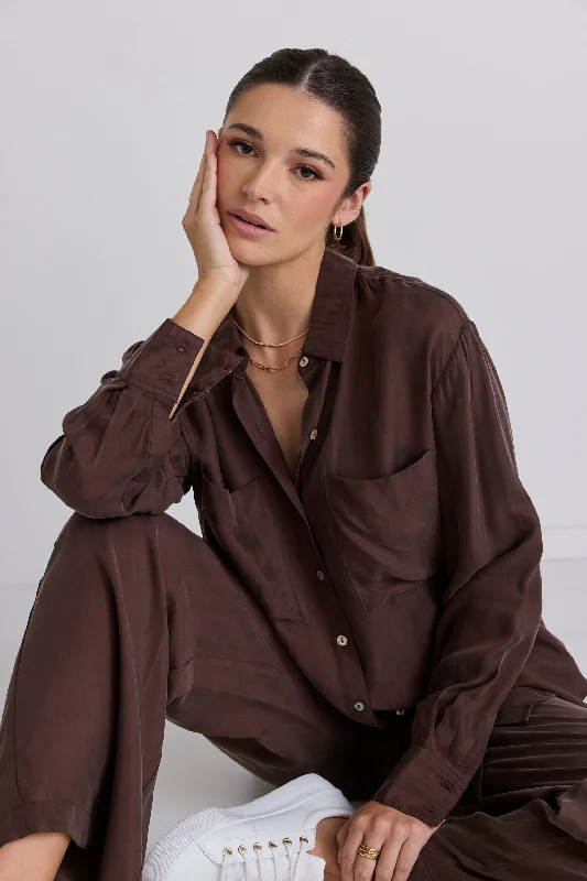 Women's Blouse with Square NeckTidal Cocoa Luxury Blend Oversized Shirt