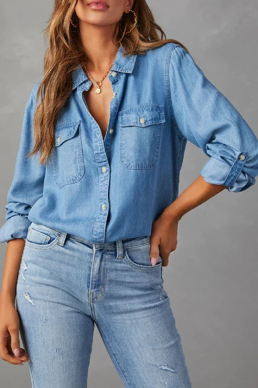 Women's Blouse with Collarless DesignLong Sleeve Button-Up Denim Blouse