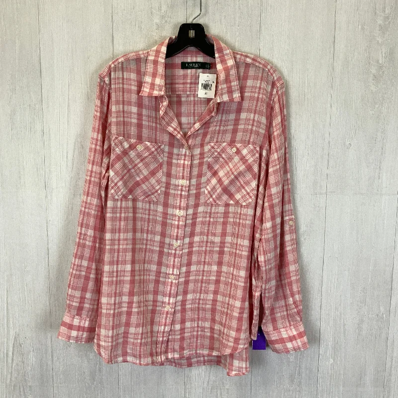 Women's Blouse with V-Shaped CollarBlouse Long Sleeve By Lauren By Ralph Lauren In Pink & White, Size: Xl