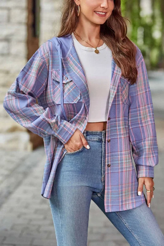 Women's Blouse with V-Shaped CollarHooded Plaid Button Up Blouse