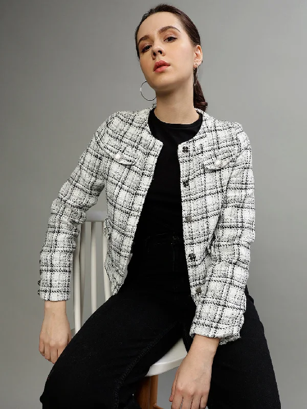 Women's Blouse with CollarCentre Stage Women Checked Round Neck Full Sleeves Blazer