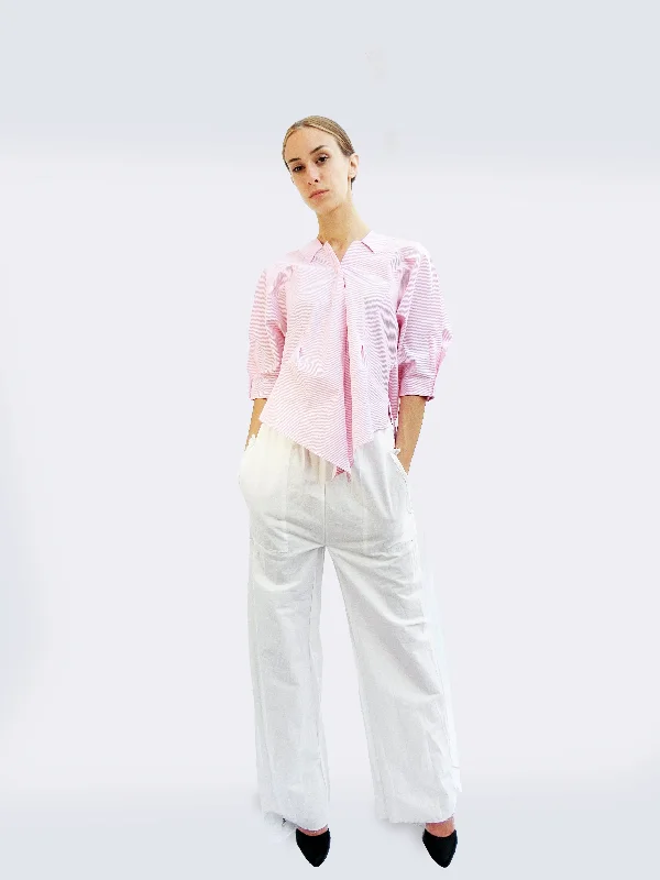 Women's Blouse with U-Shaped NeckSix-quarter Sleeve Striped Shirt with Origami Classic Collar/Light pink