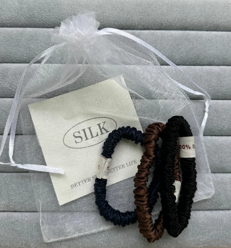 Women's Chunky Knit SweatersSILK. Set Of 3 100% Mulberry Silk Skinny Hair Scrunchies Black/Chocolate/Navy