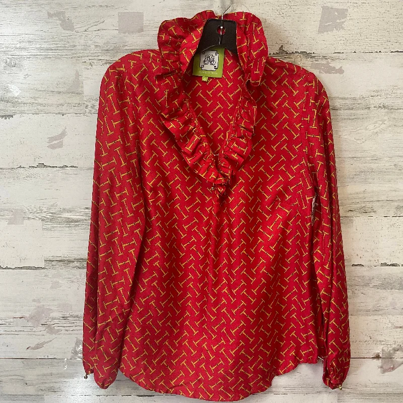 Women's Blouse with HoodBlouse Long Sleeve By ELIZABETH MCKAY  In Red & Yellow, Size: M