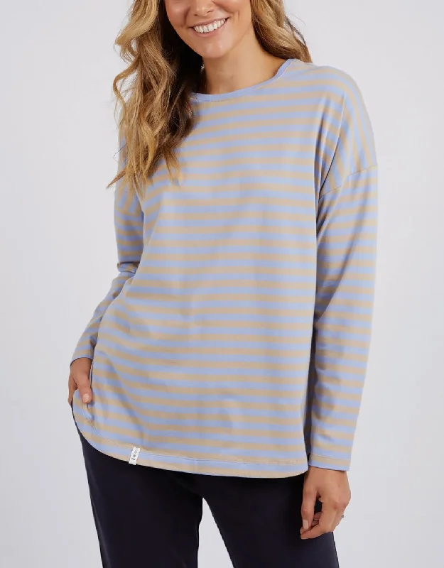 Women's Blouse with Peter Pan CollarLauren Stripe Long Sleeve Tee - Hydrangea/Irish Cream Stripe