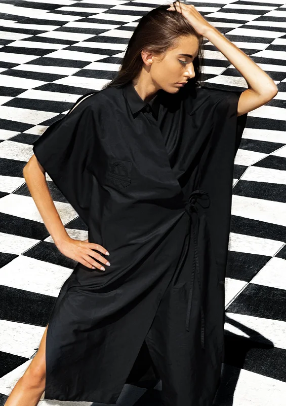 Women's Blouse with Lapel CollarWrapping Shirt Dress / Black