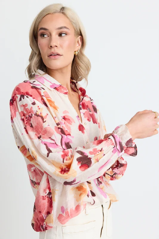 Women's Blouse with TasselsConnection Vintage Blush Floral Button Front Long Sleeve Blouse