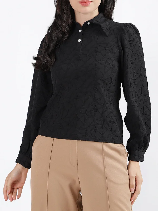 Women's Blouse with Cropped LengthCentre Stage Women Solid Collar Full Sleeves Top