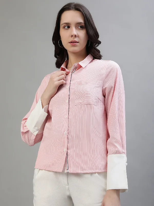 Women's Blouse with Mandarin CollarIconic Women Pink Color Blocked Round Neck Top