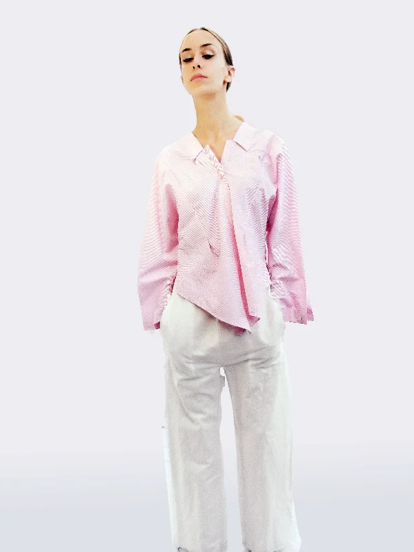 Women's Blouse with Narrow CollarLong Sleeve Striped Shirt with Origami Classic Collar/ Light pink