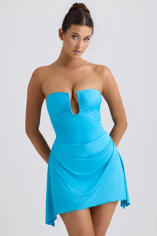 Women's Cold-Shoulder DressesSlinky Jersey Draped A-Line Mini Dress in Aqua Blue