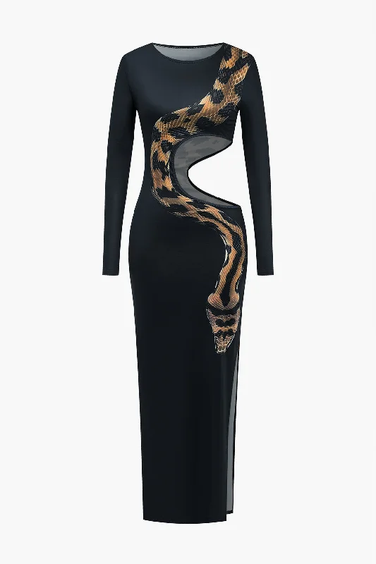 Women's Mini DressesSnake Print Cut Out Long Sleeve Slit Maxi Dress