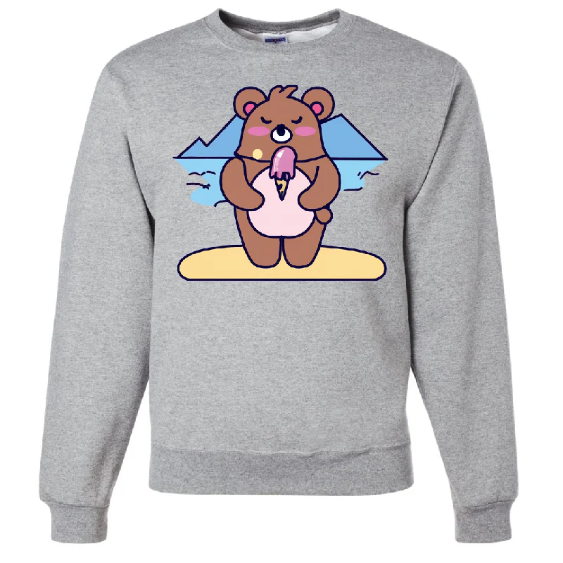 Women's Hooded Sweatshirts with Tie-Dye LiningKawaii Grizzly Bear Eating Ice Cream Crewneck Sweatshirt