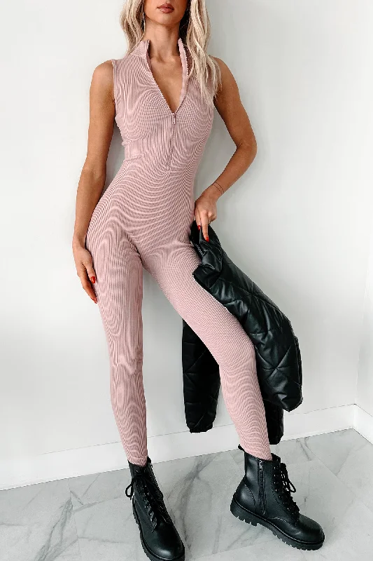 Women's Jumpsuits with U-Shaped CollarLuck Of The Draw Ribbed Half Zip Jumpsuit (Dusty Pink)