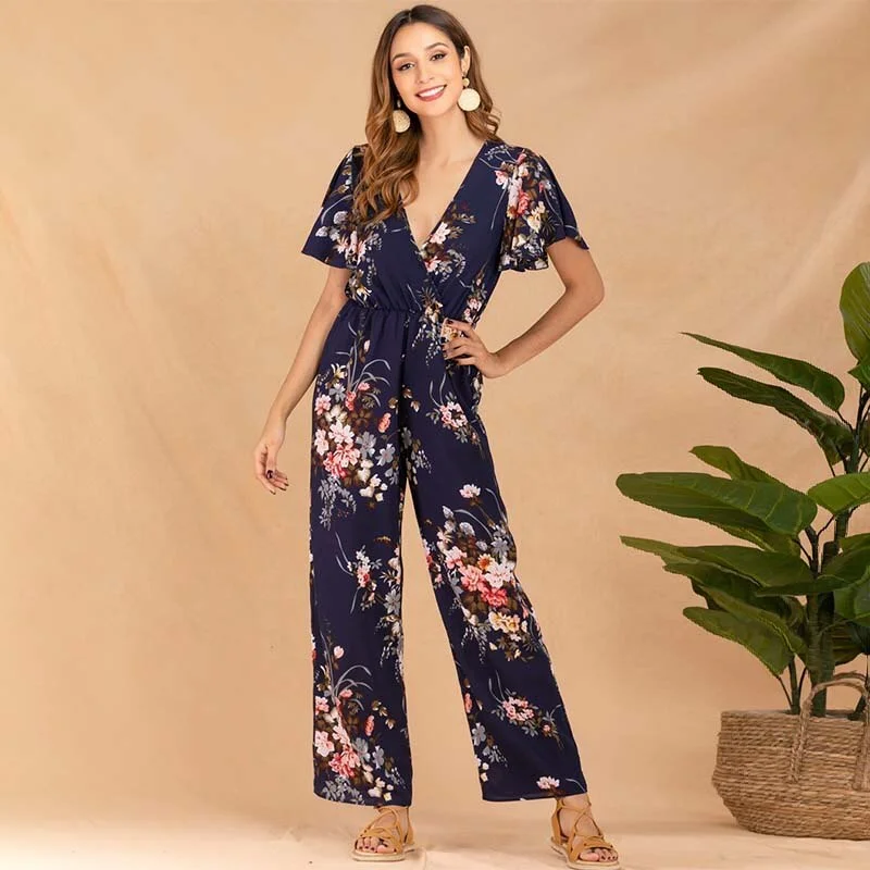 elegant women's satin pajamasplus-size wireless brasWomen Short Sleeve Ruffle High Waist Floral Print Long Wide Leg Rompers Casual Elegant  V Neck Streetwear Loose Long Jumpsuits