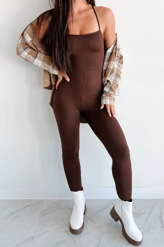 Women's Jumpsuits with Square CollarTime To Walk Away Lace-Up Back Jumpsuit (Coffee)