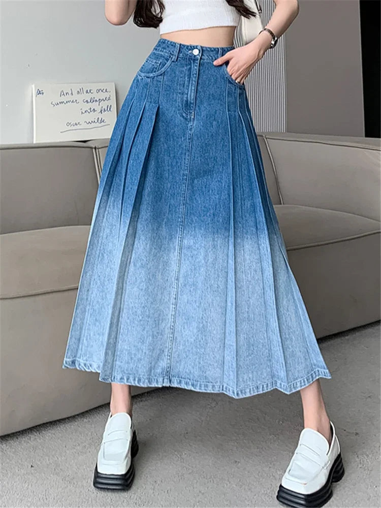 Women's Seamless SkirtsWaist Gradient Pleated Women's Denim Long For Spring Summer Casual Blue Jeans Pockets New Skirt