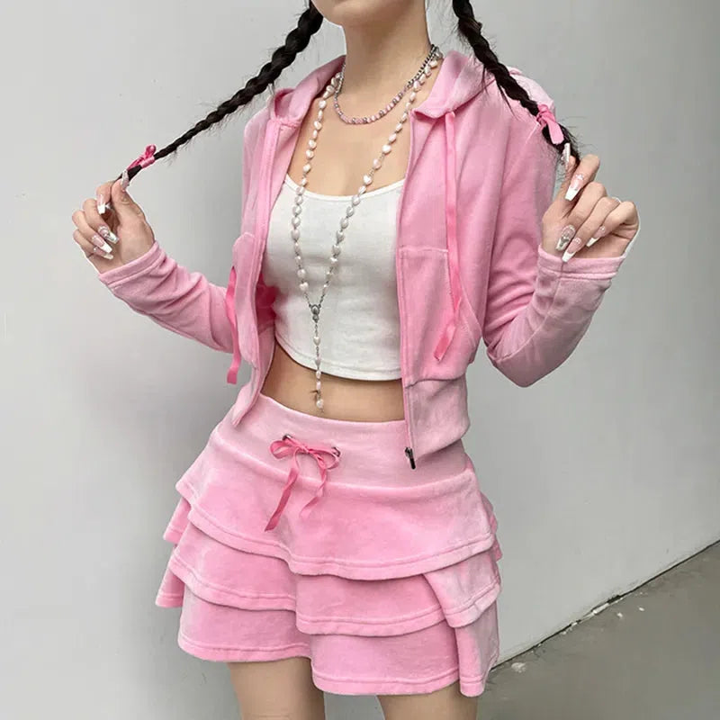 Women's Hooded Sweatshirts with Relaxed WaistPink Aesthetic Skirt & Hoodie Two Piece Set