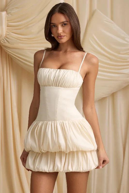 Women's Rounded Collar DressesLayered Bubble Hem Corset Mini Dress in Ivory