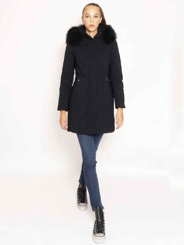 Women's Coats with Fur Trimmed ButtonsParka con Cappuccio con Pelliccia - Nero