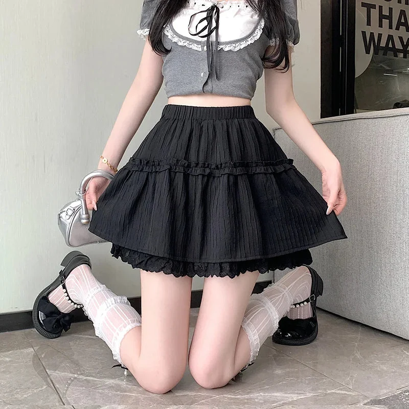 Women's Ruffled SkirtsFashionSierra Woman Lace Cake 2024 New Spring Summer High Waist A-line Mini Black/White Ladies Casual Short Skirt