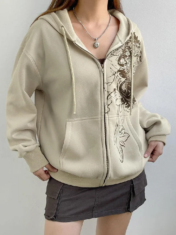 Women's Hooded Sweatshirts with Geometric LiningFairy Grunge Floral Zip-Up Hoodie